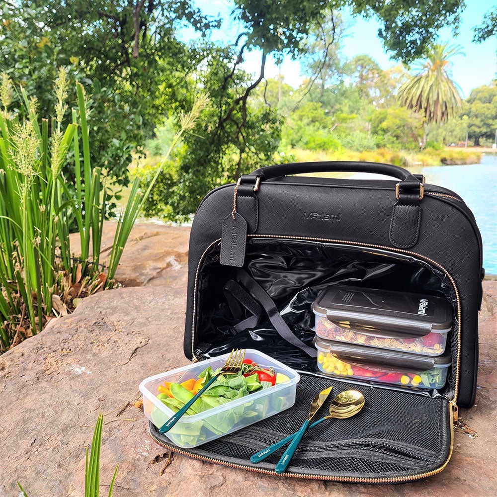 Meal Management Pro Handbag Vegan Black Lunch Bag with Gold Accents